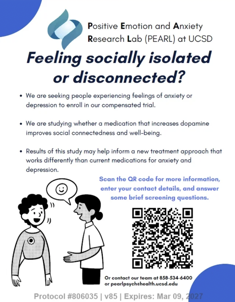 image recruiting applicants for a study by the PEARL lab at UCSD for socially isolated students; image includes a QR code at bottom right and website for additional information pearlpsychhealth@ucsd.edu